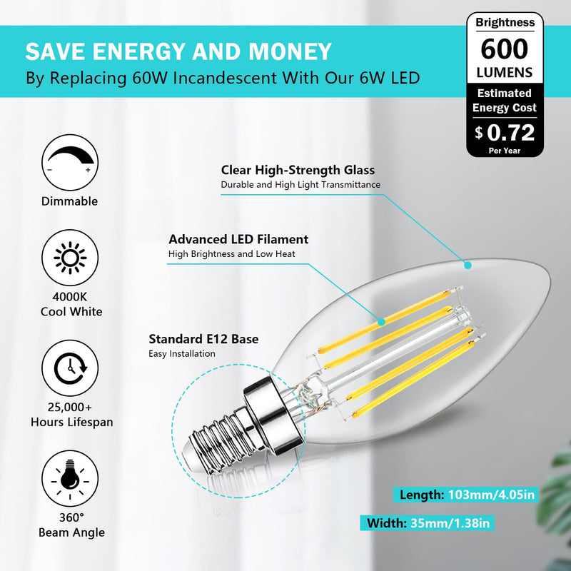 12-Pack Dimmable E12 LED Candelabra Bulbs 60W Equivalent, 4000K Cool White, 600 Lumens B11 Candle Base 6W C35 LED Filament Vintage Light Bulbs, Clear Glass for Chandelier Ceiling Fan High CRI 90+ Cool White 4000k 12 Count (Pack of 1)