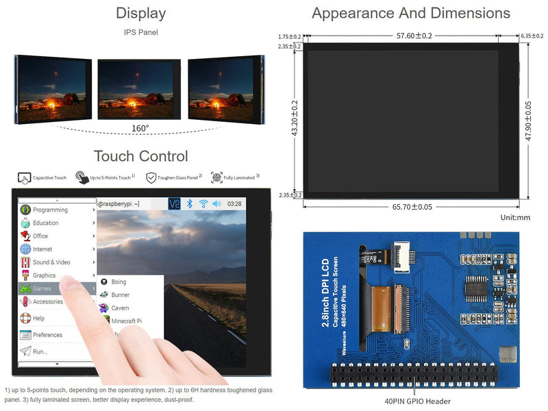 Waveshare 2.8inch Screen LCD Compatible with Raspberry Pi 4B/3B+/3B/2B/B+/A+/Zero/Zero W/WH/Zero 2W 480×640 Resolution DPI IPS 5-Points Capacitive Touch Control Optical Bonding Toughened Glass Cover