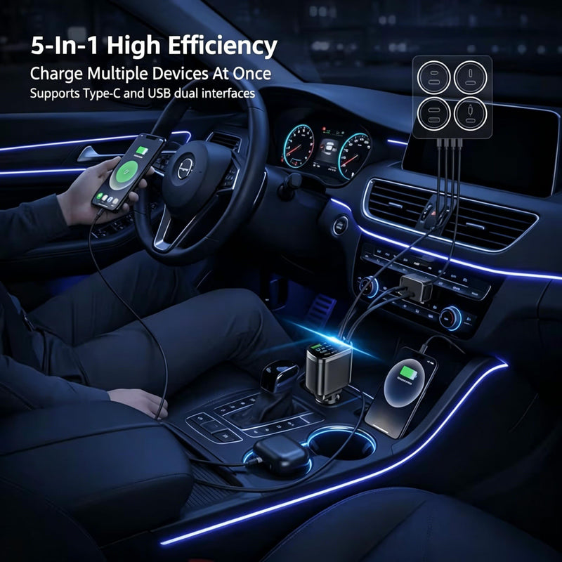 Retractable 5-in-1 Charging in-Car Device | High-Power, Battery-Free 66.0