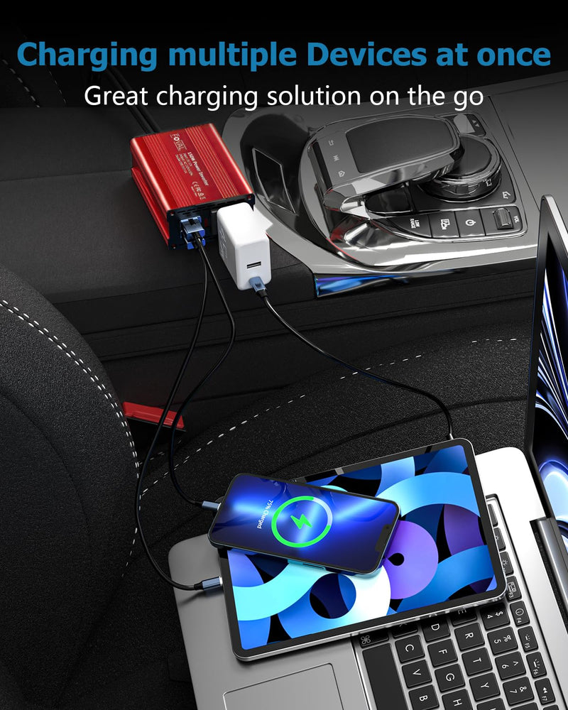 FOVAL 150W Car Power Inverter 12V DC to 110V AC Converter Vehicle Adapter Plug Outlet with 3.1A Dual USB Car Charger for Laptop Computer (Classic Red) Classic Red