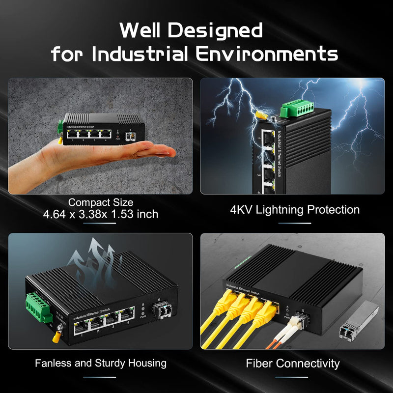 5 Port Gigabit PoE Industrial Switch, IEEE802.3af/at Ethernet, 1 SFP Port with 20km LC Module, IP40 Aluminum Alloy -40~75°C(-40~185°F), Din Rail and Wall Mount Kit, with 60W Power Supply 5 Port Gigabit PoE