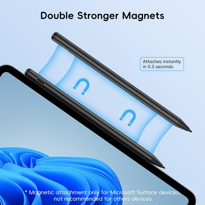 Rechargeable MPP 2.0 Tilt Pen for HP/Surface/Kobo, 4096 Pressure & Magnetic | Two Side Button, Palm Rejection Stylus for Surface Pro 11-3, Laptop/Book/Go/Studio for Students Artists Drawing Note-Taking Black