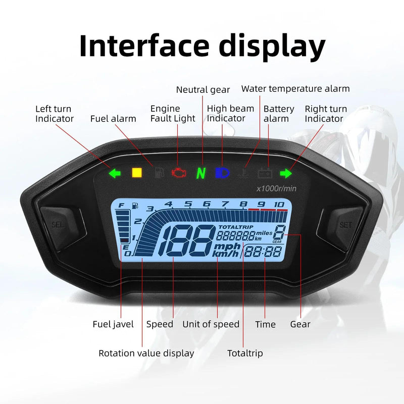 KAOLALI Motorcycle Speedometer Tachometer Universal 13000rpm LCD Digital Odometer Gauge Adjustable 7 Colors for 2,4 Cylinders