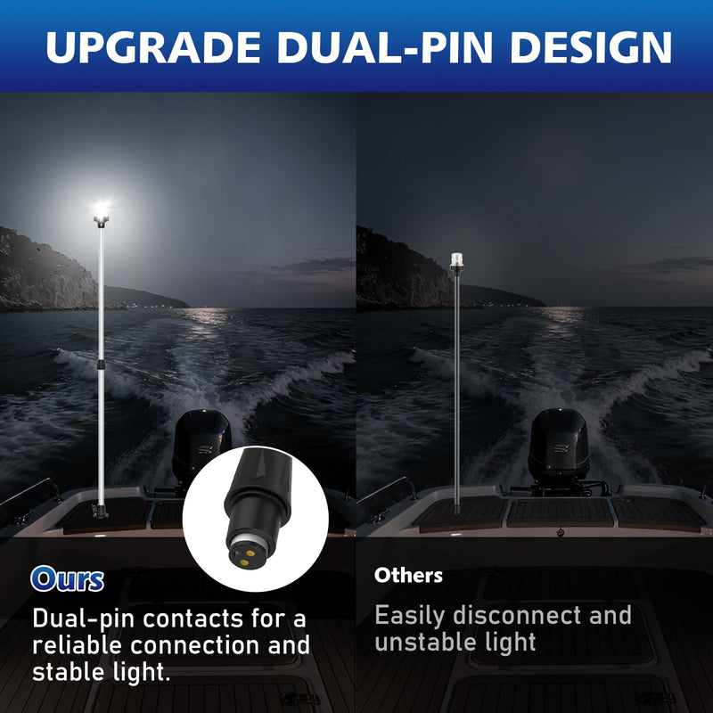Boat Stern Light Anchor Light, 28"-48" Telescoping Pole Boat Lights LED with Base & Extra Bulb, Waterproof 3NM 360° All Round Marine Navigation Lights for Boats LED for Pontoon, Fishing, Bass Boats Sliver