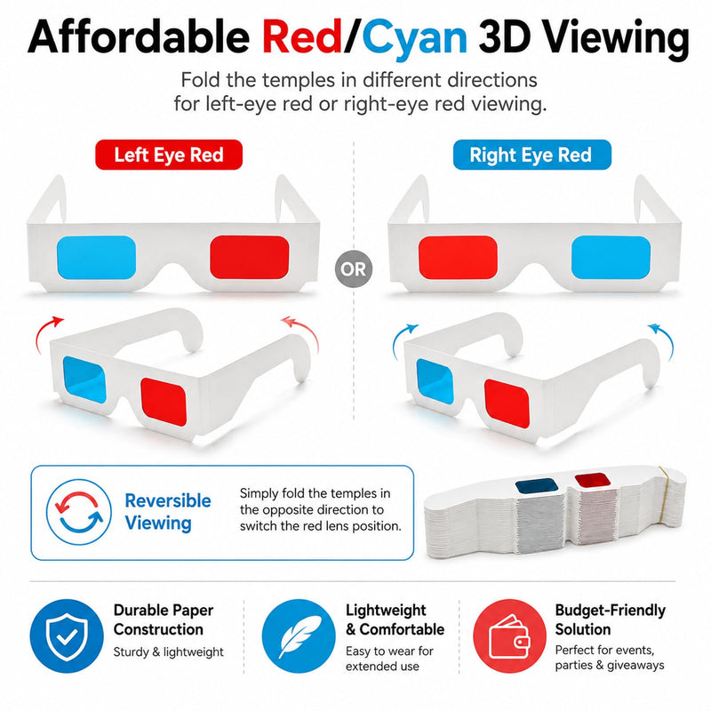 3D Cardboard Glasses, Red Blue and Cyan, 50 Pairs | Universal Stereoscopic, For Movies At Home, Movie-Specific Colors
