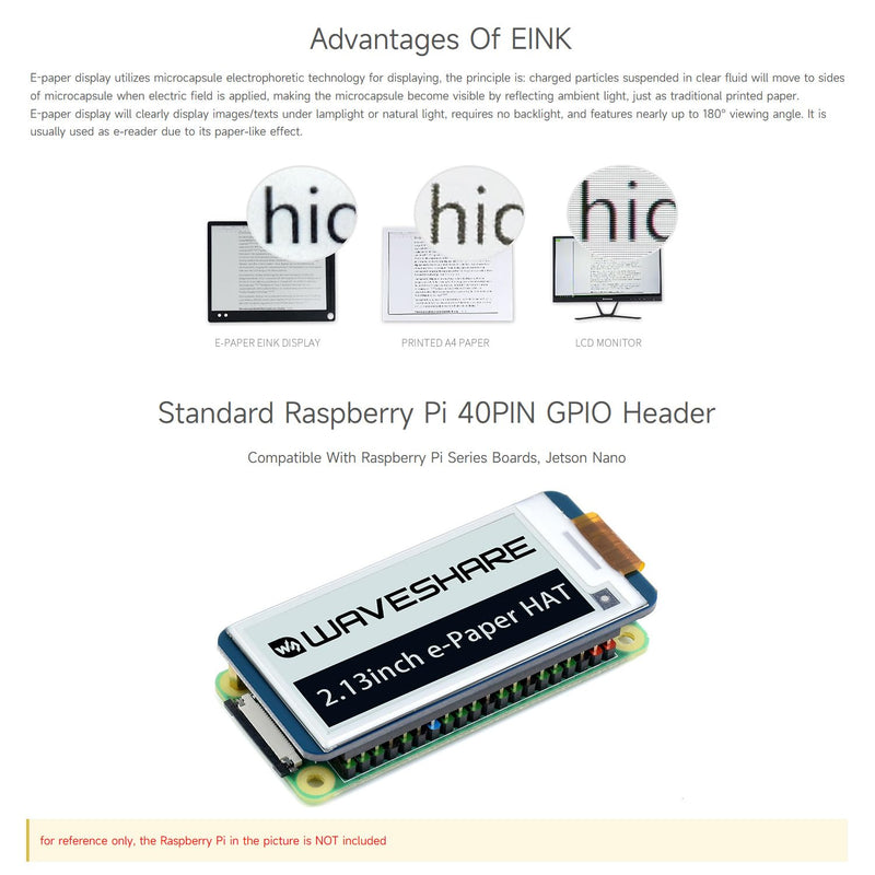 2PCS Waveshare 2.13inch E-Ink Display HAT V4 Version Compatible with Raspberry Pi 5/4B/3B+/3B/2B/B+/A+/Zero/Zero W/WH/Zero 2W, 250x122 Resolution SPI Interface Supports Partial Refresh