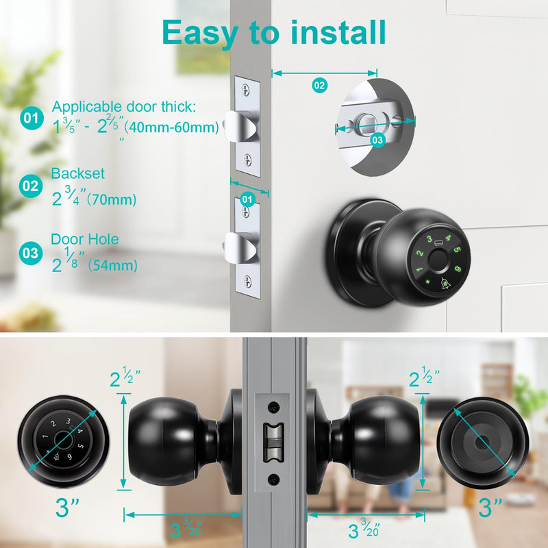 Kuelor Smart Lock Fingerprint Door Lock, 5-in-1 Keyless Entry Door Handle with Keypad & Doorbell, Touch/Code/Card/Key/App Control for Home Office Airbnb A-Black