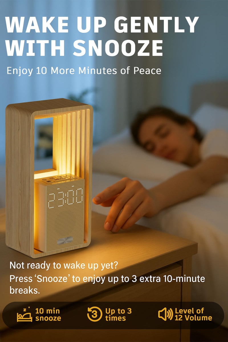 Sunrise Alarm Clock with Wake-Up Light: Dual Alarm White Noise Sound Machine with USB Charger, 9 Sleep Aids, Dimmable Display, Auto Timer, Ideal Night Light for Heavy Sleeper, Kid, Bedroom Wood grain color