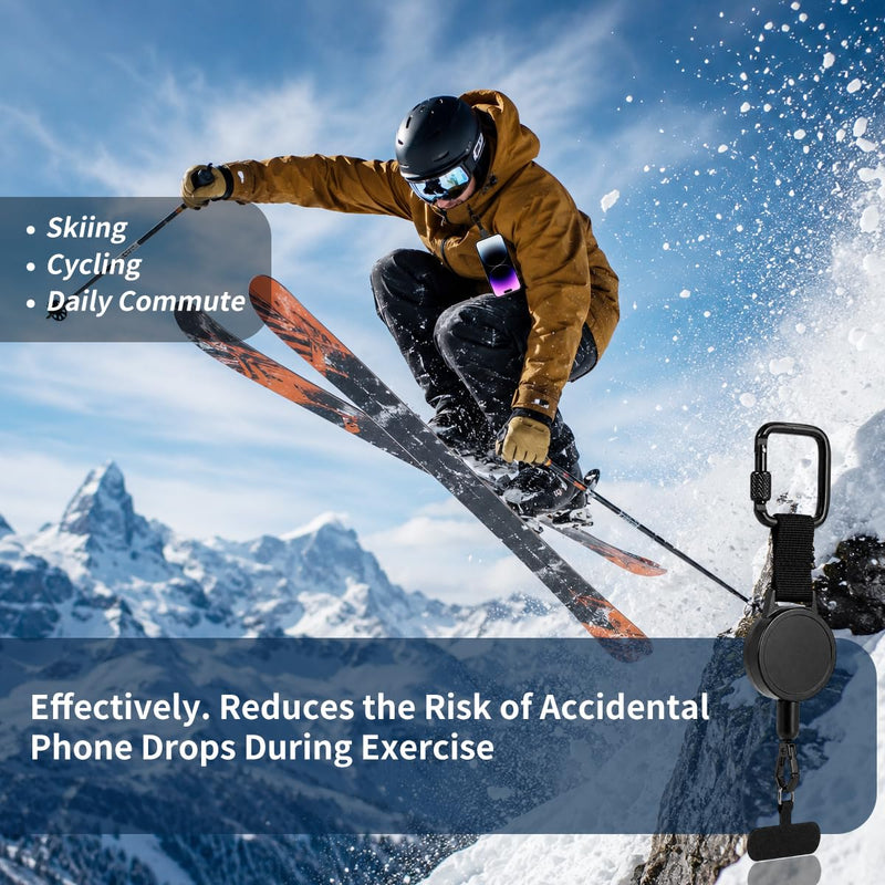 Retractable Phone Tether Anti Theft: Phone Lanyard for Skiing, Hiking, Outdoor Travel, Anti Pickpocket Phone Strap with Locking Carabiner & Universal Anchor(2PCS) Black Black-2pack