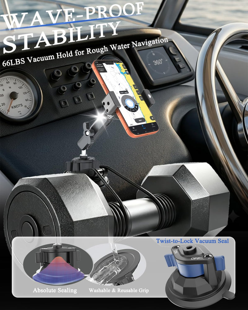 Boat Phone Mount, Marine Phone Holder with Strong Suction Cup | Heavy Duty Metal Marine Phone Holder for Dashboard & Windshield, Fits 4–7" Smartphone, Fishing Boat Kayak Yacht Navigation