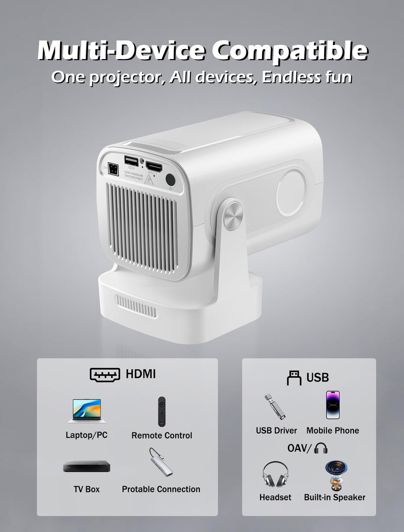 【Auto Focus&1080P】WellSonic Mini Projector with Wifi and Bluetooth, 260 Ansi Portable Moive Projector Outdoor&Ceiling Use, Auto Keystone, Voice Control, 5W Speaker, 4K Support Home Thearter