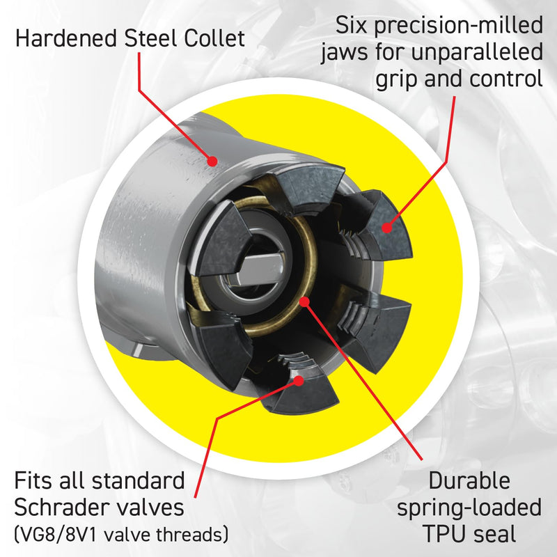 Locking Air Chuck - Six Steel Jaws Lock onto Any tire Valve - Won't Leak or pop Off - Rated to 150 PSI - Open Flow