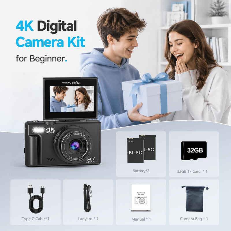4K Digital Camera for Photography, 64MP Vlogging Camera with 180° Screen | Compact Point And Shoot Camera With WiFi, 32GB Card, 2 Rechargeable Batteries, Portable Travel Camera, Black
