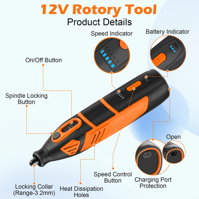 HARDELL 12V Cordless Rotary Tool Kit, 5-Speed (8000-35000 RPM), 2AH Battery Power Rotary Tools 80pc Accessories for Sanding, Polishing, Carving, Cutting, Drilling, DIY Crafting (Black&Orange) Black&orange