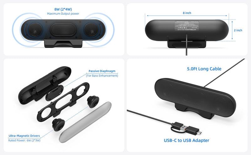 Computer Speakers for Desktop PC Monitor, External Speakers for Laptop, USB-Powered, Plug-n-Play, Wired, Clip-On, Small Computer Soundbar for PC, with Loud Sound, Rich Bass, G-Sensor, USB-C Adapter