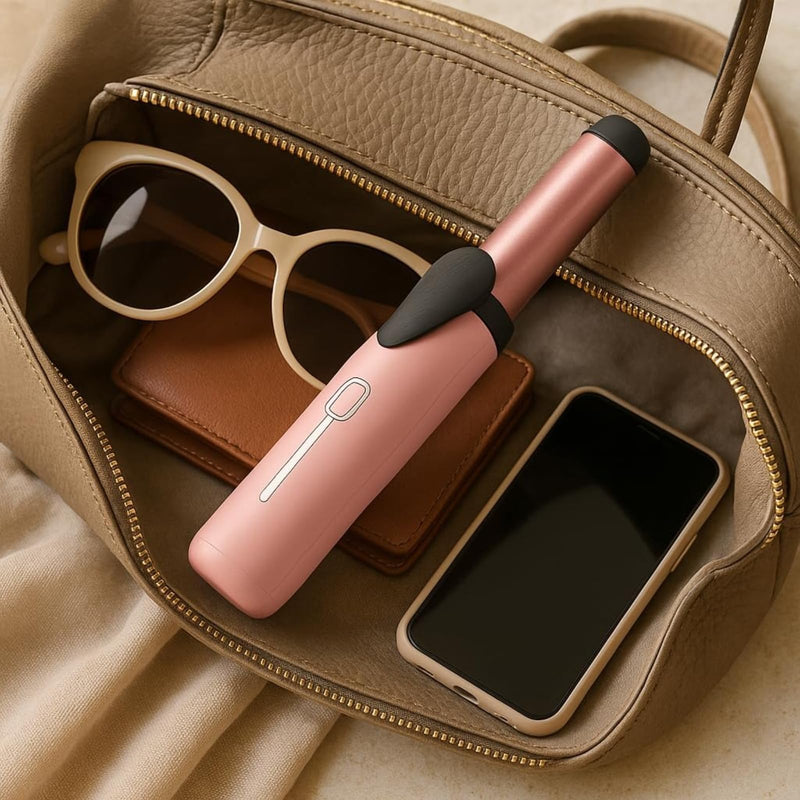 Mini Cordless Curling Wand - Rechargeable Travel Curling Iron with 3 Temperature Levels, Fast Heating & Ceramic Coating Perfect for Short & Medium Hair (Pink)