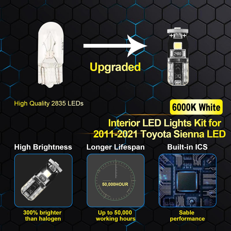 16 Pcs Super Bright 6000K White LED Interior Light: Bulbs Kit Package for 2011-2015 2016 2017 2018 2019 2020 2021 Toyota Sienna Lighting Package Kit Includes Light Accessories+ and Install Tool Toyota Sienna 2011-2021
