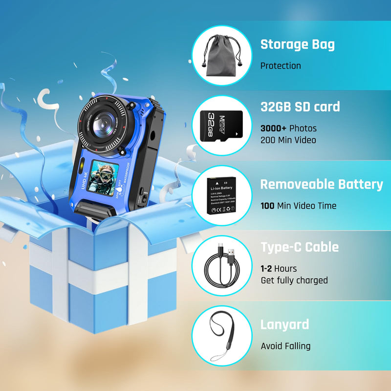 4K Underwater Camera 64MP 33FT Waterproof Camera with 32GB Card | Dual-Screen, 16X Zoom, Autofocus, Floatable, 1500mAh Battery, Fill Light, Ideal for Snorkeling, Swimming, Travel Blue