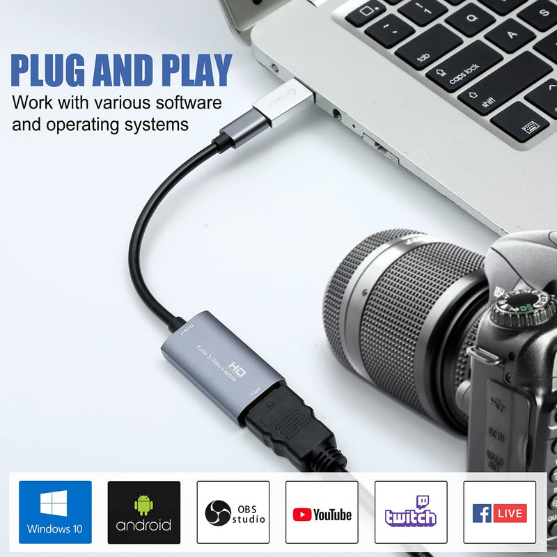 Guermok Video Capture Card, 4K USB3.0 HDMI to USB C Capture Card for Streaming, 1080P 60FPS, Compatible with iPad Mac OS Windows, Quest 3, OBS, PS5/4, Switch2/1, Xbox, Camera (Silver) Silver