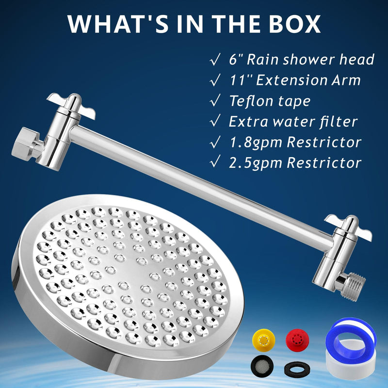 High Pressure Rain Shower Head with 11'' Extension Arm - High Flow Rainfall Showerhead - Luxury Modern Look - Pressure Boosting(Round, Chrome) 6" Round