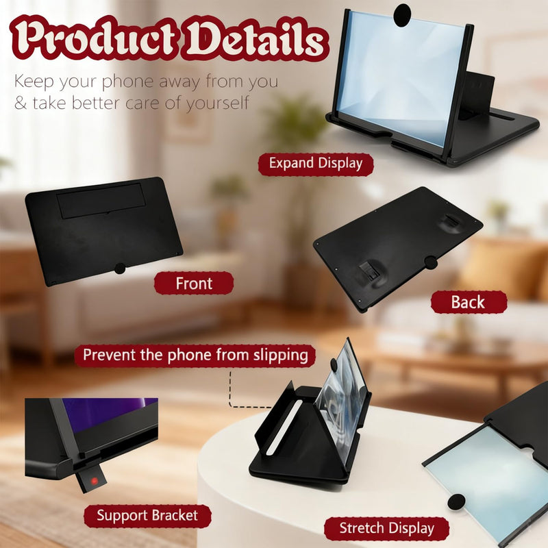 12 Inch Screen Magnifier for Cell Phone,3D HD Foldable Amplifier Phone for Movies, Videos, and Gaming,Foldable Cell Phone Stand with Screen Amplifier,Supports All Smartphones Black (12-inch)