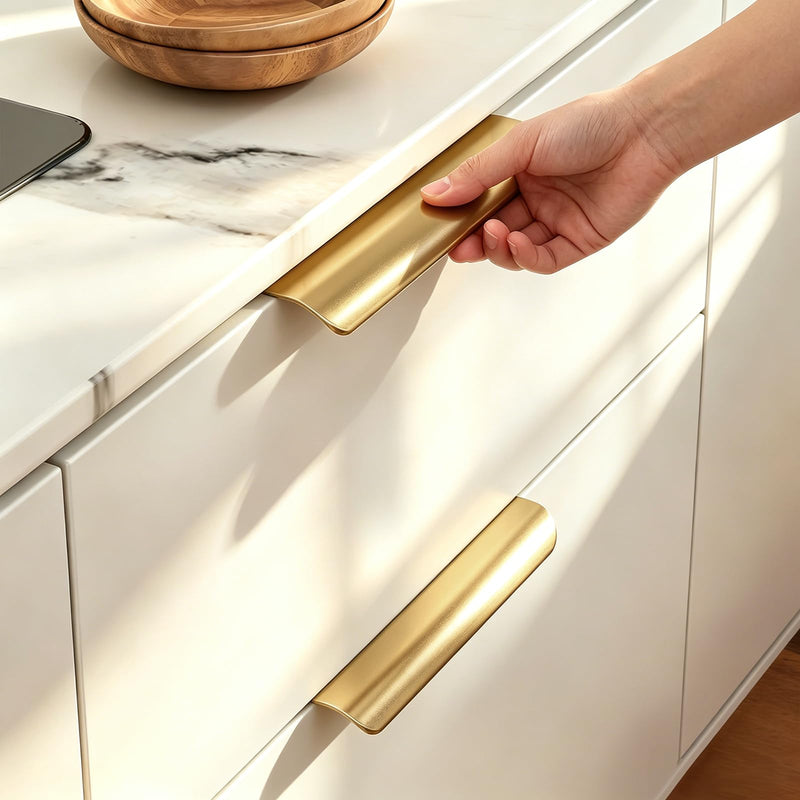homdiy 10 Pack 5 inch Gold Cabinet Pulls Edge Finger Pulls for Cabinets Dresser Drawer Handles for Kitchen Cupboard Flat Hidden Handles Aluminum Alloy 5" Hole Center Matte Gold