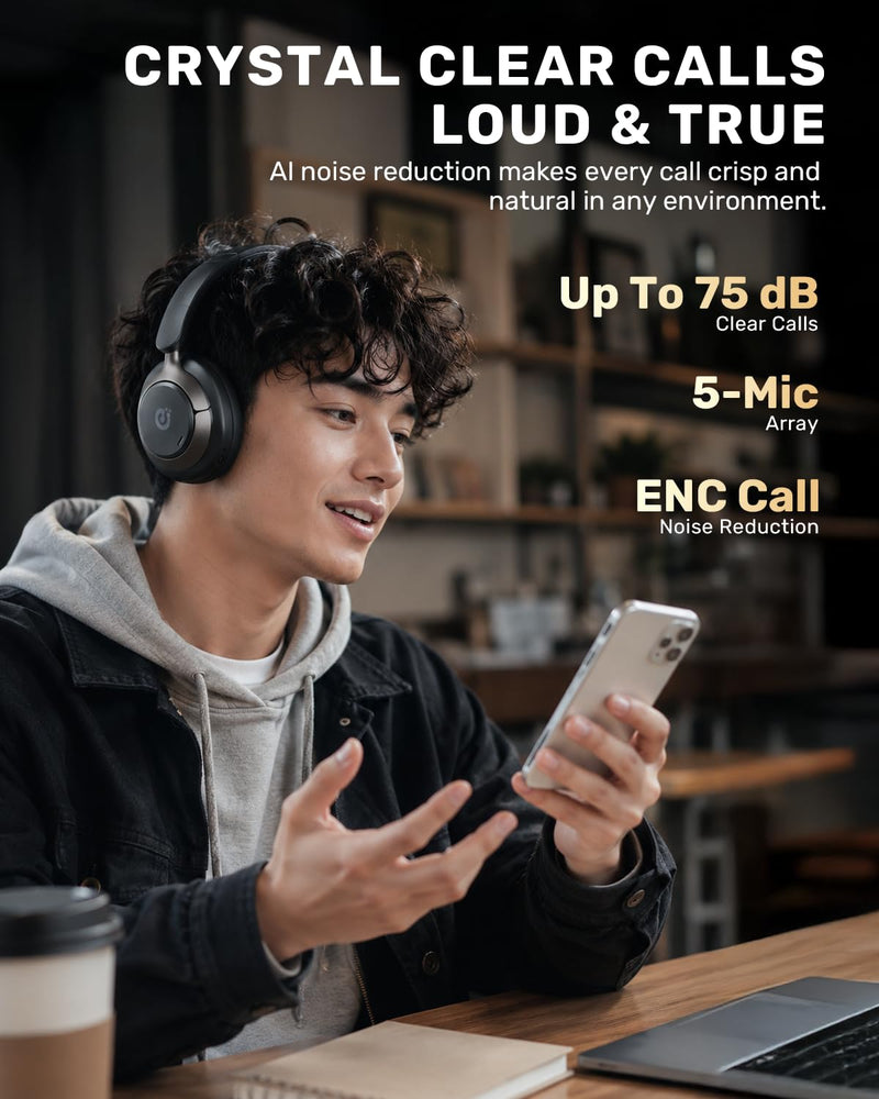 Boean Active Noise Cancelling Headphones, Bluetooth 6.0 Wireless Over Ear Headphones with 120H Playtime, 360° Spatial Audio & 5 ENC Mics, Soft Memory Foam, Transparency Mode for Office Travel Gaming Black