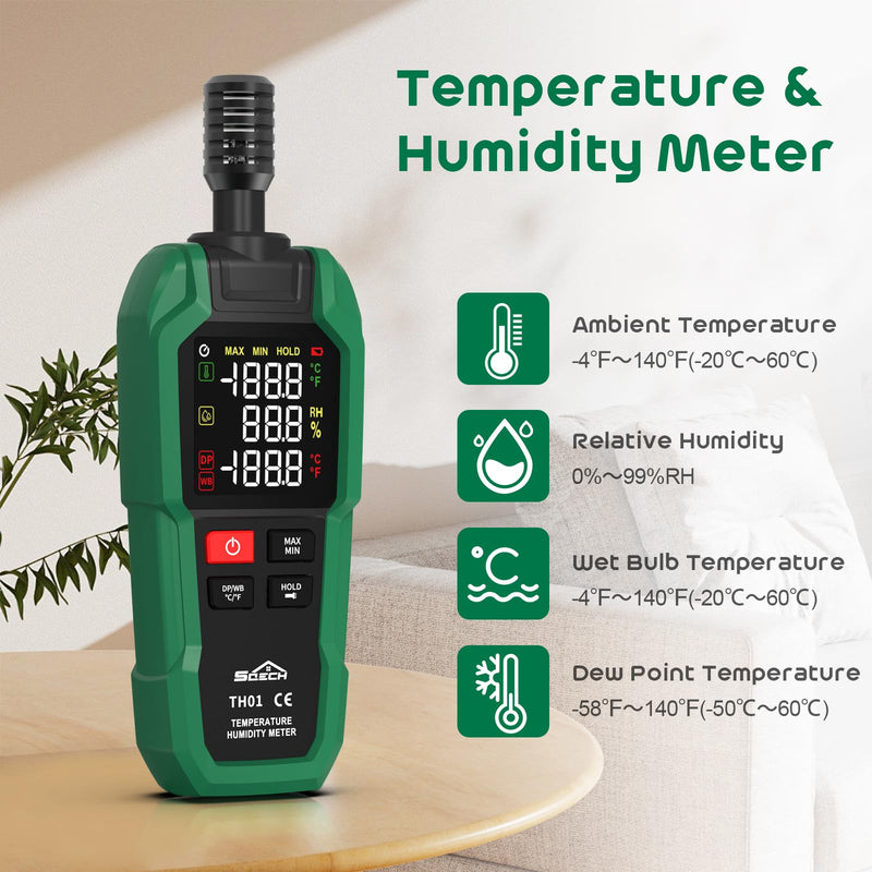 Temperature Humidity Meter, SQECH Digital Hygrometer with Ambient Thermometer,Dew Point,Wet Bulb,Flashlight,Max/Min,Data Hold,High Precision Psychrometer Monitor with Color Backlight for Home HVAC