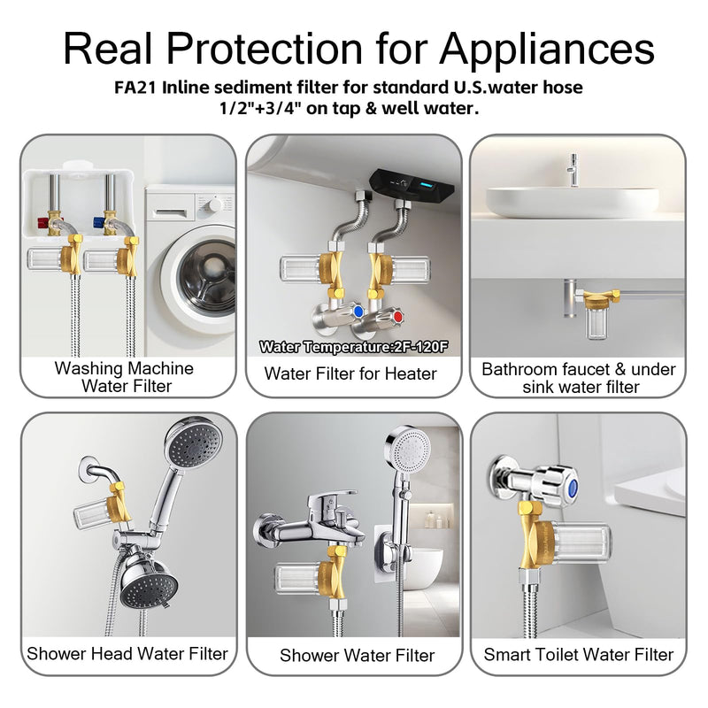 FA20 Brass Sediment Filter, Reusable Washer Water Filters, Traps Sand, Rust, 40 Micron Inline Water Filters for Washing Machines, Shower, Well