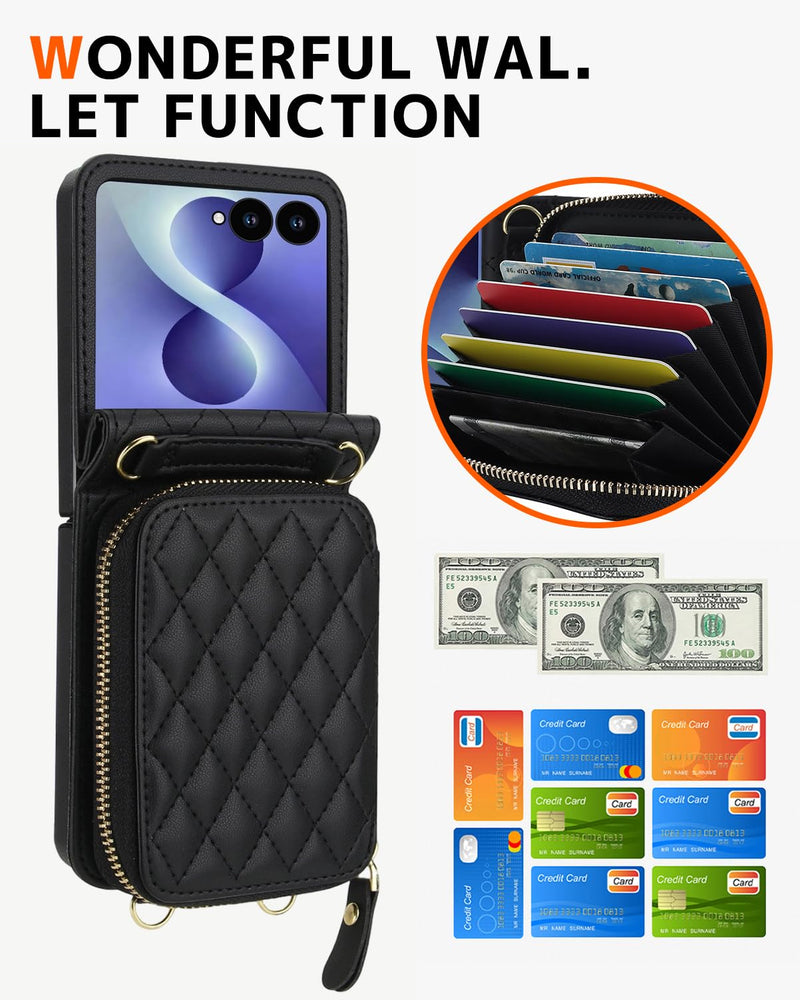 NINKI Hand Strap for Samsung Galaxy Z Flip 8 Case Wallet with Card Holder, Cute Shockproof Leather Detachable Cross-body Lanyard for Samsung Z Flip 8 Case Purse,Galaxy Z Flip 8 Cover Women Girls Black