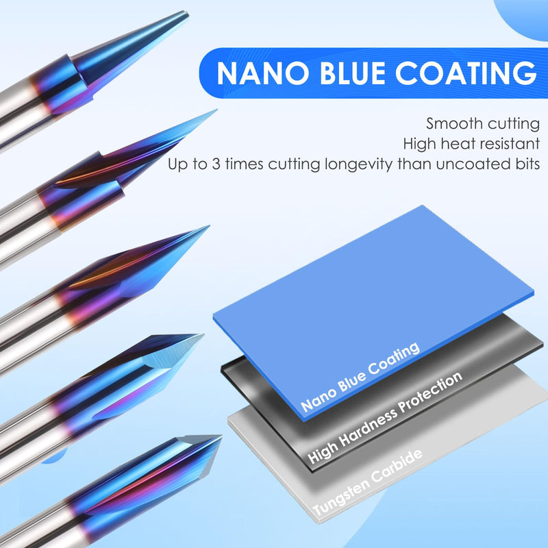 HQMaster 5PCS CNC Wood Carving Router Bits Set, 1/4'' Shank, 15° Detail Carving Liner+ 20° Profile bit+30°+60°+ 90° V Groove Router Bit Set