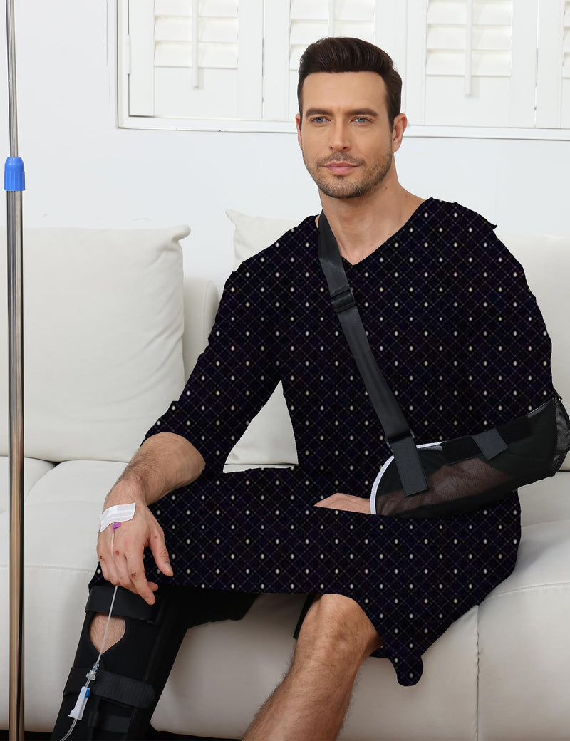 Soft Elastic Men's Hospital Gown with Shoulder Snaps, Waist Drawstring, Side Pockets, Patient Gown for Men Diamond Print Medium