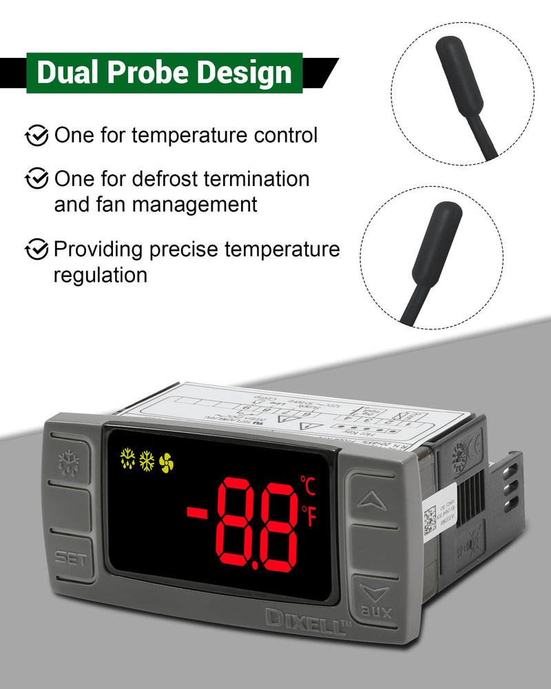 for Dixell XR02CX-4N1F1 Temperature Controller, Replace for Dixell Temperature Controller Fit for 120V 50-60hz Commercial Refrigerators/Freezer, with Temperature Sensor Probes & Clasp