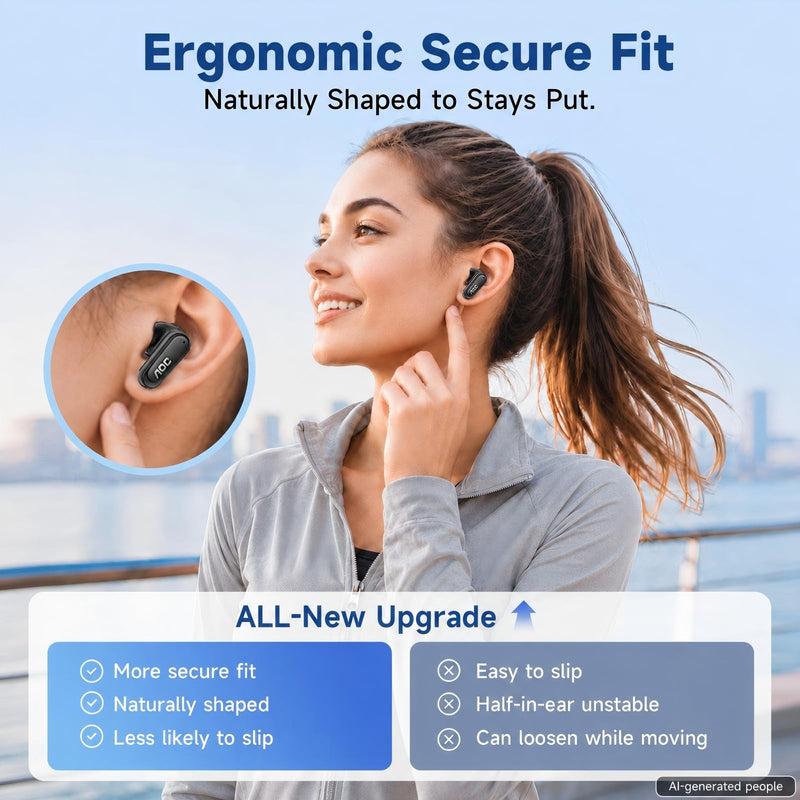 AOC Noise Cancelling Wireless Earbuds, 39dB ANC, 45H, LED Display, Black | in Ear Bluetooth 5.4 Headphones with 6 ENC Mic, Transparency Mode, Deep Bass Sound, 36 EQs via App, Fit for Sports, Commuting
