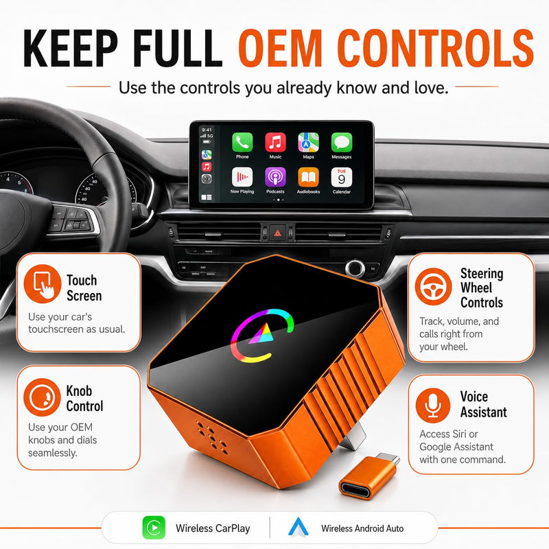 2026 Wireless CarPlay & Android Auto Adapter, 2-in-1, Dual-Band WiFi Fast auto-Connect, Vented Cooling and Plug-and-Play Setup for Vehicles with Factory-Wired CarPlay or Android Auto.Orange | Fast auto-connect, vented cooling and plug-and-play setup fo...
