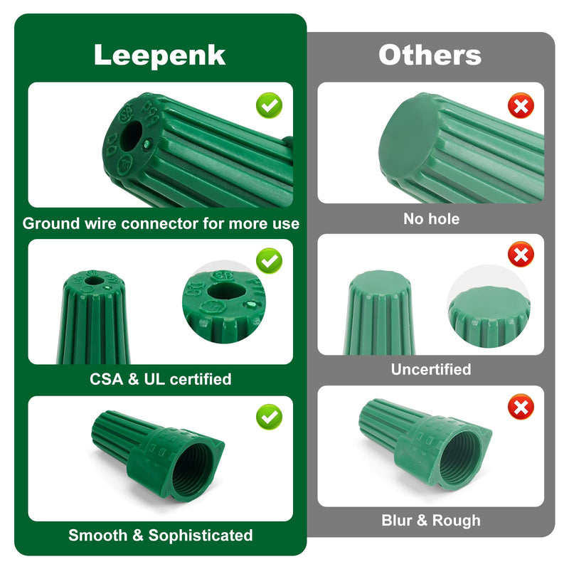 Leepenk 300PCS Green Ground Wire Nuts with Hole,14-10 AWG Winged Electrical Wire End Connectors Caps,UL and CSA Certified P99,Twist-On Easy Screw-On for Cable Grounding,Ideal Electrical Connectors 300