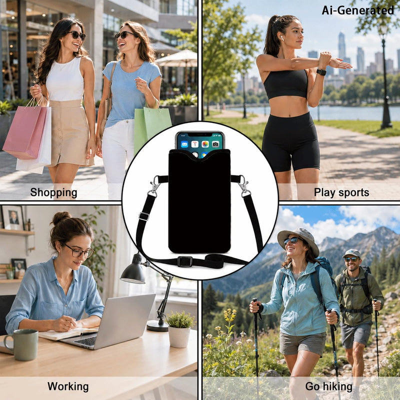 Neoprene Phone Sleeve Pouch Case Bag for Women Men with Crossbody Strap, 7.1x3.9 in, Shockproof Mobile Protection Case Bag with Neck Lanyard, Fits Most Phones, Classic Black Color 01