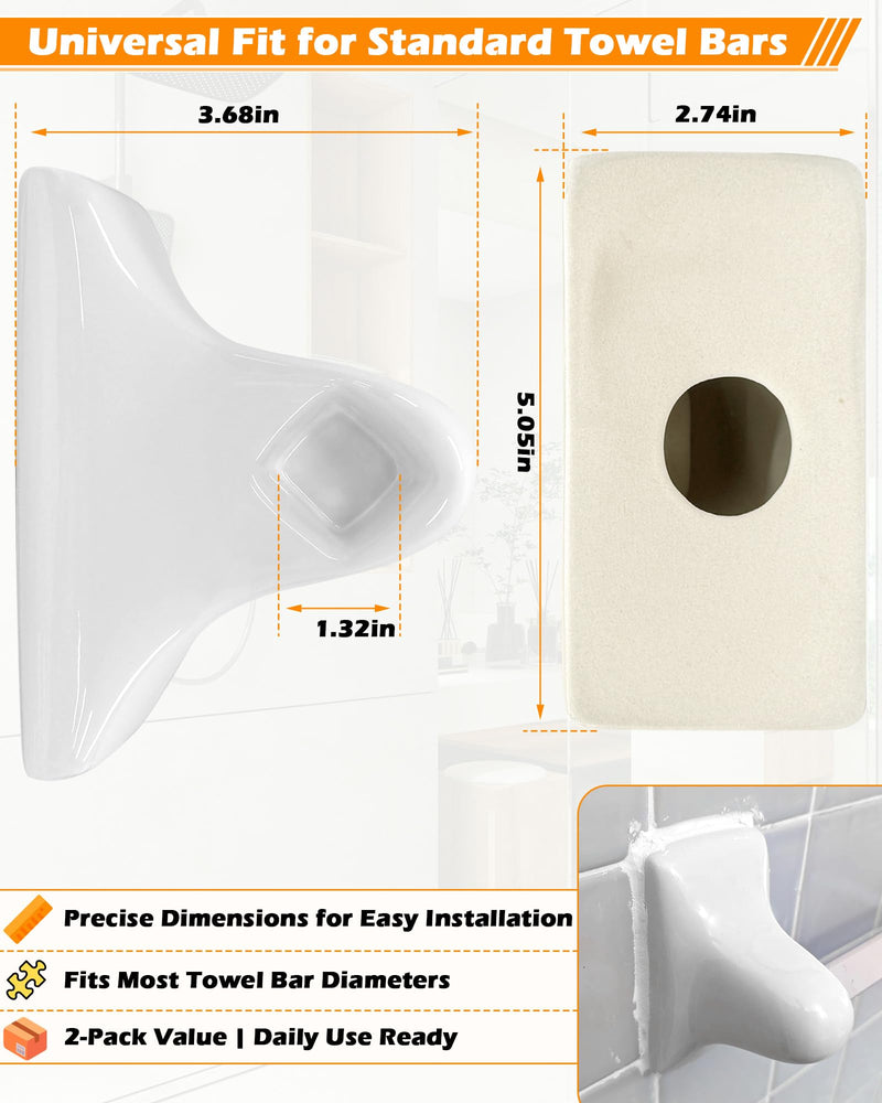 IWIWE 2 Pcs White Ceramic & Porcelain Towel Bar Brackets - Vintage Retro Towel Rack Post Holder | Mid Century Modern Bathroom & Kitchen Accessory, Flat Back, Rod Not Included