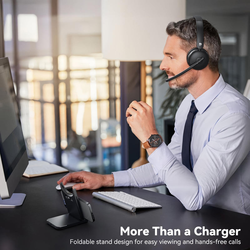 Wireless Headset with Mic for Work, Wireless Headset with Microphone (Noise Cancelling), Smart Mult-Func Dock, 65H Worktime&Fast Charge Bluetooth Headphones for Work/PC/Computer/Call Center/Teams/Zoom Black