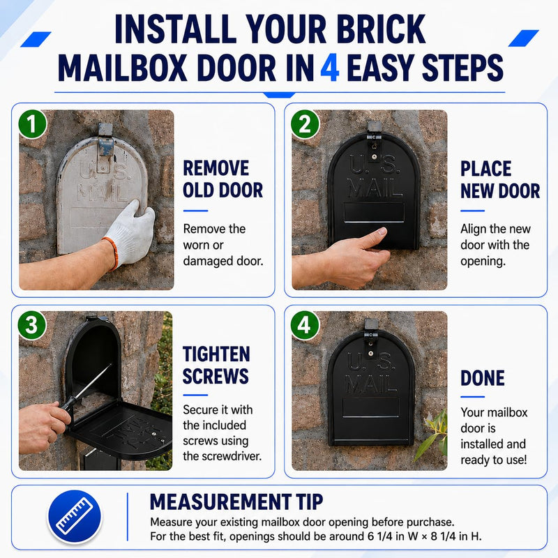 6 1/4" W x 8 1/4" H,Mailbox Door Replacement Panel, Black Galvanized Steel Snap-in Front Door with Flat-Head Screws, Easy No-Drill Kit for Standard Residential Curbside & Brick Mailboxes 6 1/4" W x 8 1/4" H
