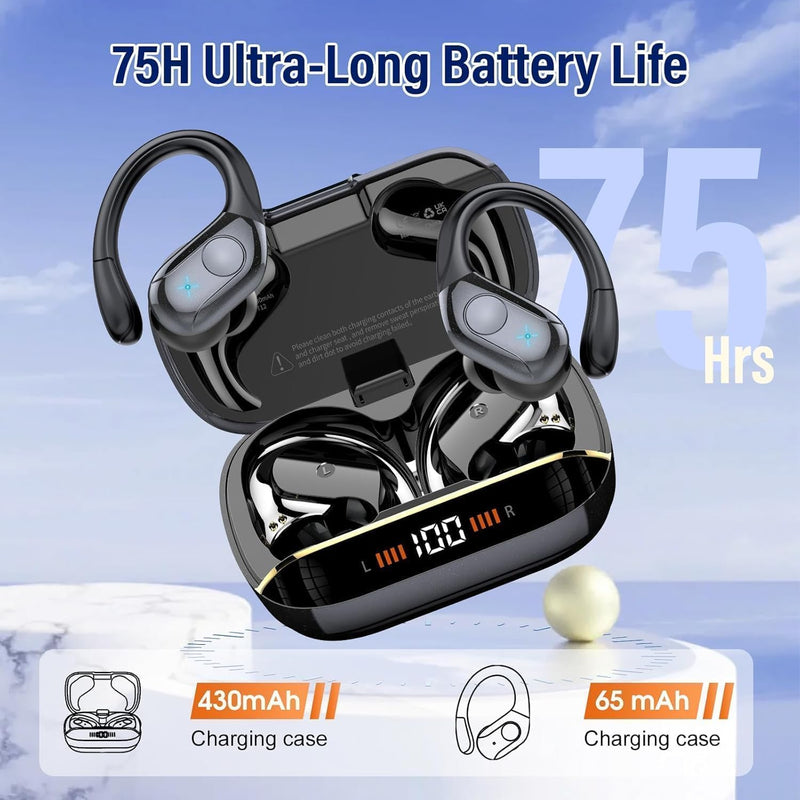 75H Sports Wireless Earbuds Bluetooth 5.4 Headphones Stereo Deep Bass,Black | Over Ear Buds with Earhooks, LED Display Bluetooth Earbuds with 4 ENC Mic, IP7 Waterproof Earphone for Running Black