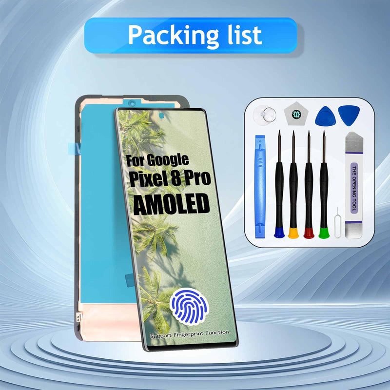 AMOLED for Google Pixel 8 Pro LCD Screen Replacement for Google Pixel 8 Pro LCD Display Touch Screen Display Assembly Repair Kits with Frame GC3VE, G1MNW (Fingerprint Cable Transfer Required)