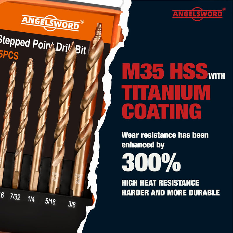 ANGELSWORD M35 Cobalt Stepped Point Tip Drill Bit, 15 PCS(1/16"-3/8"), Titanium Coated Drill bit, for Steel, Cast Iron, Aluminum, Brass, Acrylics B. 15PC | 1/16"-3/8" M35 STEPPED SET