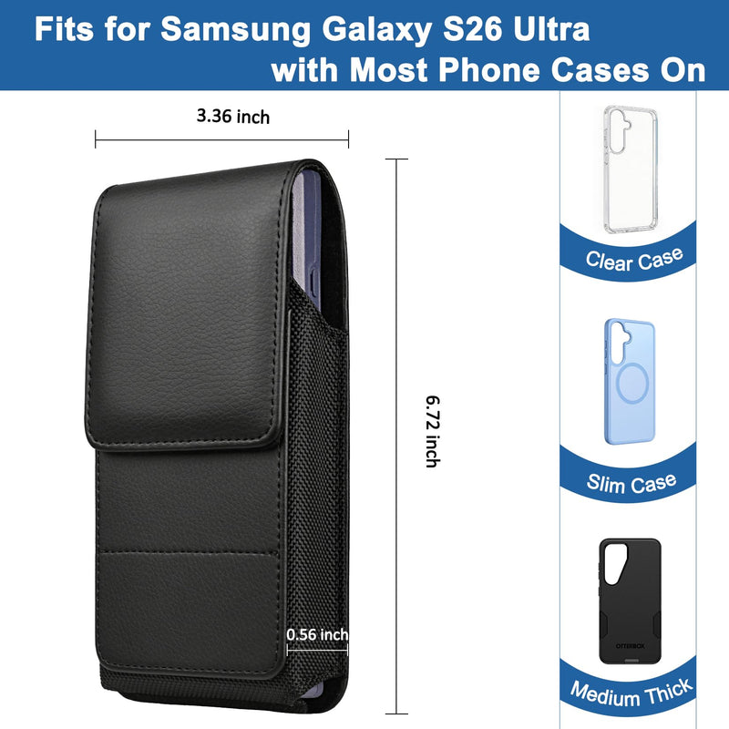 Leather Phone Holster for Samsung Galaxy S26 Ultra, Black | Belt Clip, Magnetic Closure, Card Holder, Premium PU Leather, Elastic Side Bands, Soft Lining, Fits Protective Cover on