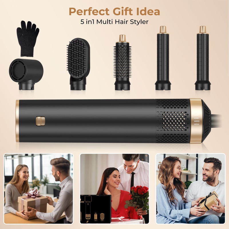 Mogawave Air Styler 5 in 1, 1000w Hair Dryer Brush, | 30mm Air Curler, Detachable Multi-Hair Styler Tools for Drying Curling Volumizing Straightening, for Salon Blow-Out Look Blackgold
