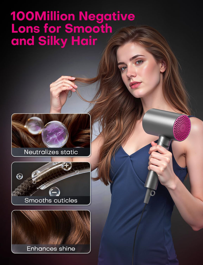 1800W Foldable Ionic Hair Dryer with Diffuser for Women & Men, Light Gray | 2 speed & 3 Heat Setting, Diffsuer & Concentrator for curly hair, Professional Blow Dryer, 100 Millions Negative ion