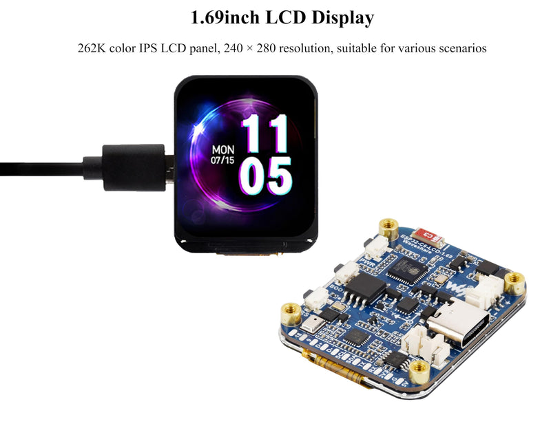 ESP32-C6 1.69inch LCD Development Board, 240x280 262K IPS LCD, Supports Wi-Fi 6 / BLE 5, 160MHz RISC-V Processor, ESP32 with Display, AI Speech, Support AI Voice Interaction, with Speaker