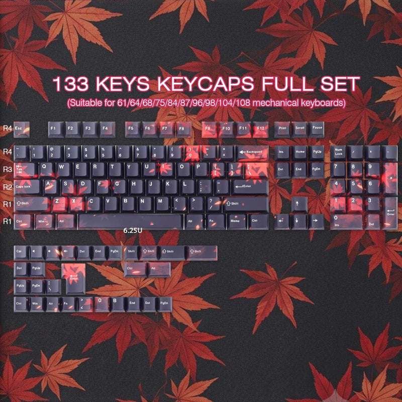 JOMKIZ Maple Leaf PBT Shine Through Keycaps 133 Key for Mechanical Keyboard | Cherry Profile, Side Print Characters, Dye Sublimation, Compatible with 60% 65% 75% 100% Keyboards, Backlight Compatible