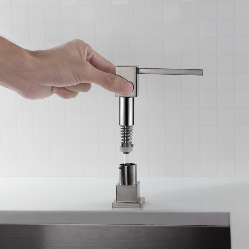 Soap Dispenser, Contemporary Design Kitchen Sink Countertop Soap Dispenser, Built in Square Pump Brushed Nickel With Bottle