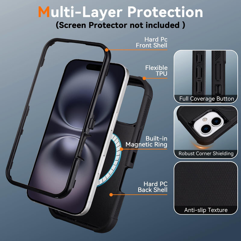 for iPhone 16 Case with Belt Clip Holster, Compatible with Magsafe, Black | Military Grade Drop Protection, 2 Layers of Sturdy, Heavy Duty Shockproof Cover for iPhone 16 Case Rugged